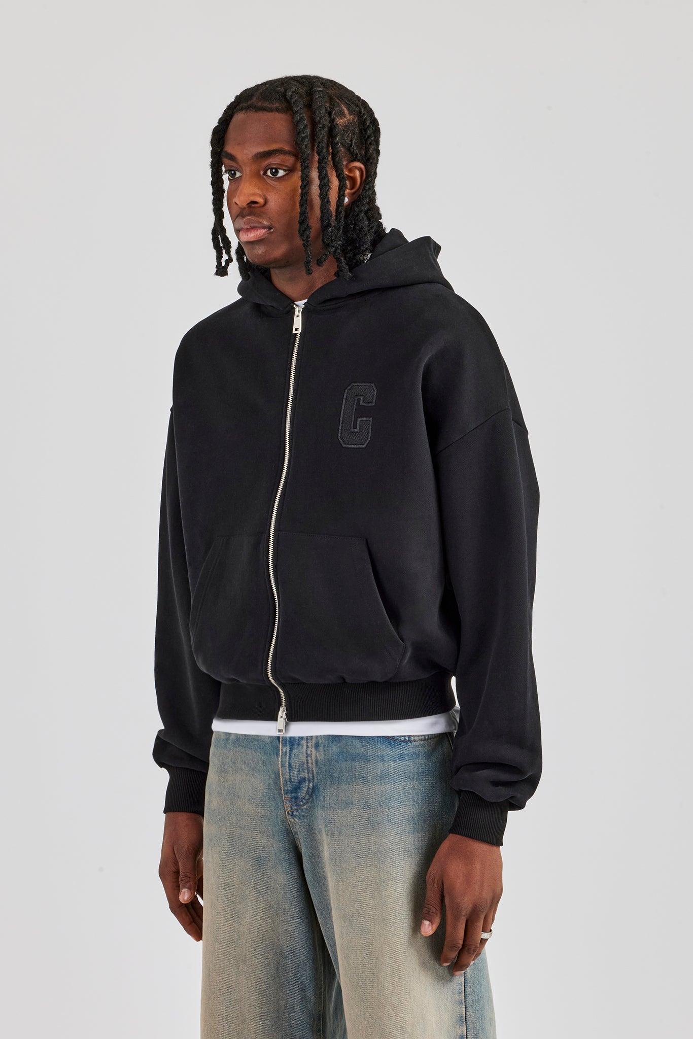 Embroidered C Boxy Zip Through Hoodie - Black
